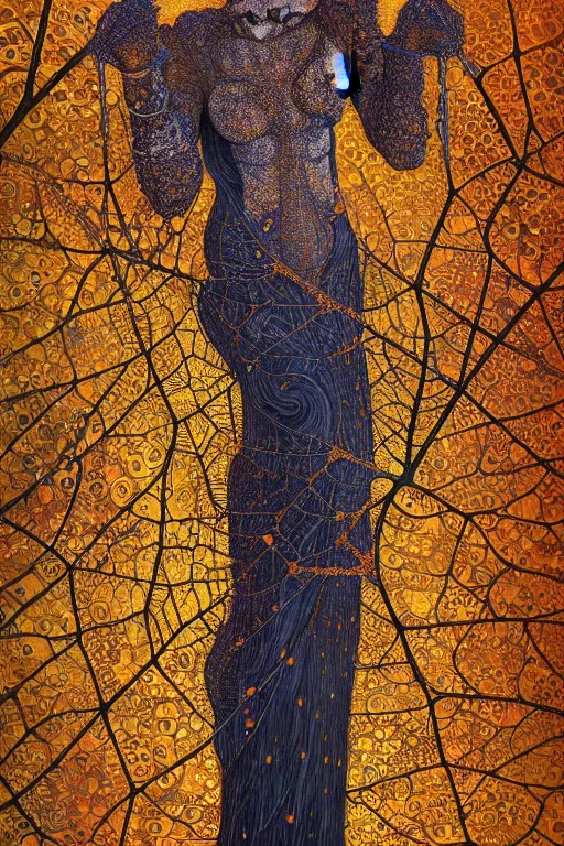 Prompt: an insanely detailed cell shaded vector art of a tall woman and the death, intricate detailed autumn leaves, spiderweb, mycelia, by ruan jia, fantasy, hyper detailed, concept art, gold and ultramarine harmony palette, by gustav klimt, by greg rutkowski, by alphonse mucha