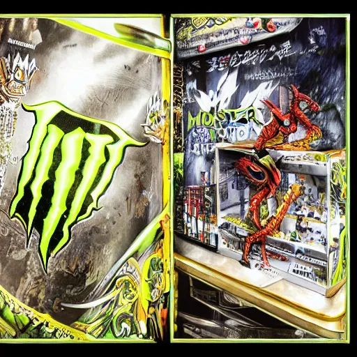 Prompt: monster energy drink stands on a pedestal, Storybook Illustration, by Yoshitaka Amano