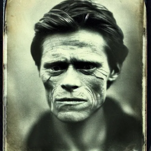 Prompt: old photo of willem dafoe, daguerrotype, tintype, dirty. faded. old photograph, polaroid, highres, wet plate collodion,
