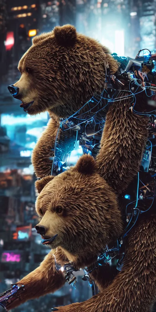 Image similar to a cyborg grizzly bear dj mixing records on stage, photorealistic, highly detailed, illustration, lifelike, highly detailed, intricate, octane render, sharp focus, cyberpunk