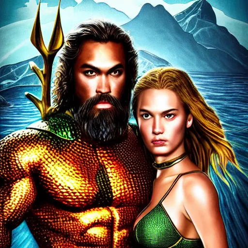 Prompt: intricate five star portrait of aquaman an his wife, oil on canvas, hdr, high detail, photo realistic, hyperrealism, matte finish, high contrast, 3 d depth, centered, masterpiece, vivid and vibrant colors, enhanced light effect, enhanced eye detail, artstationhd