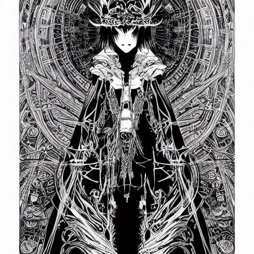 Prompt: demonic priestess wearing a robe + monochromatic, cool color palette, psychedelic, symmetrical and detailed, yoshitaka amano, hiroshi yoshida, kuvshinov ilya