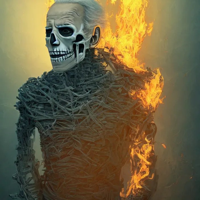 Image similar to portrait of joe biden as skeleton. burning distortions. intricate abstract. intricate artwork. by Tooth Wu, wlop, beeple, dan mumford. octane render, trending on artstation, greg rutkowski very coherent symmetrical artwork. cinematic, hyper realism, high detail, octane render, 8k, iridescent accents