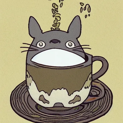 Prompt: totoro drinking coffee, art nouveau, print, detailed