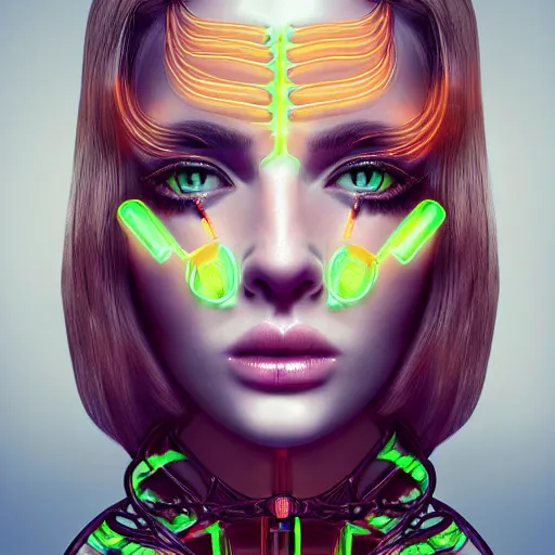 Prompt: very beautiful woman, bionic pupils!, full face frontal centered, portrait, detailed intricate symmetrical ornate neon cables connected to head, clear lips, luxurious long hair, sophisticated neon wiring and implants like jewlery, translucent!, porcelain, fractal, sci fi, dramatic lighting, photography, highly detailed, artstation, deviantart, 8 k, by chie yoshii