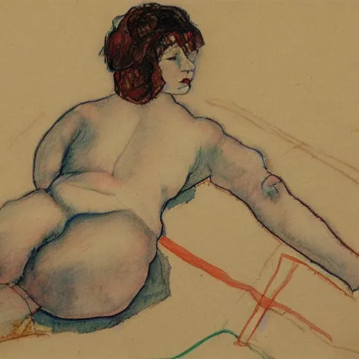 Image similar to pencil, ink and colour wash life drawing of reclining female, in the style of egon schiele