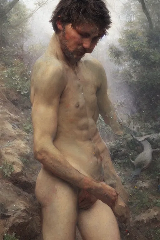 Image similar to Male primal hunter by Alyssa Monks, Bouguereau. full-shot, hyper realism, realistic proportions, dramatic lighting, high detail 4k