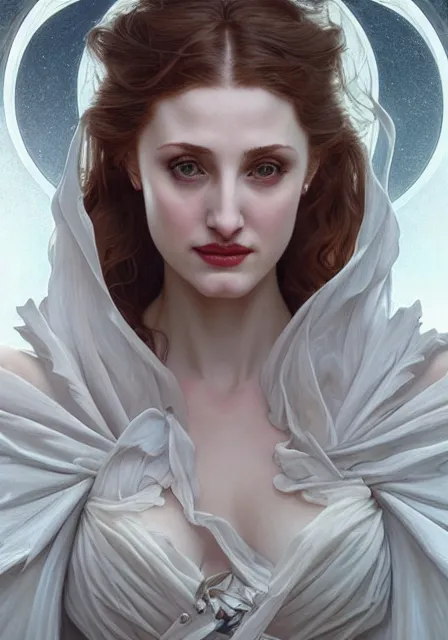 Image similar to sansa angeline jolie gessica chastain vampire teeth, intricate, elegant, highly detailed, digital painting, artstation, concept art, smooth, sharp focus, illustration, art by artgerm and greg rutkowski and alphonse mucha and william - adolphe bouguereau