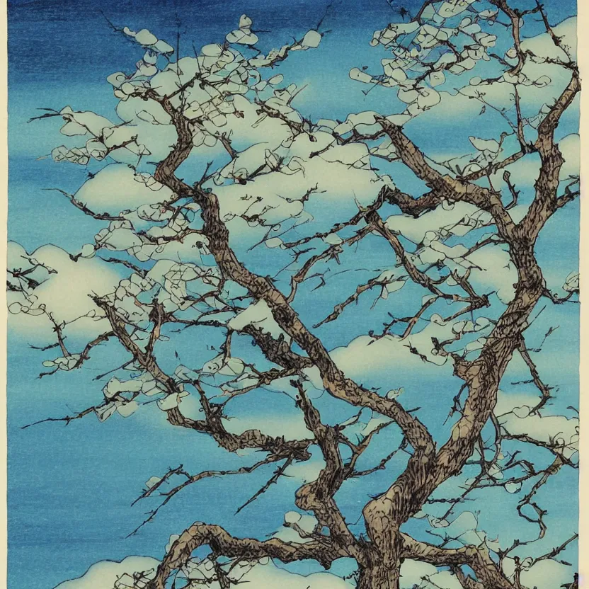 Image similar to a painting of a tree with a sky background, a detailed painting by Shin Saimdang, deviantart, shin hanga, ukiyo-e, watercolor, 2d game art