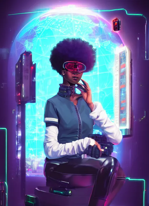 Image similar to afro - cyberpunk scientist, computers and holograms, hacking the metaverse | hyperrealistic oil painting | by makoto shinkai, ilya kuvshinov, lois van baarle, rossdraws, basquiat | afrofuturism, in the style of hearthstone, trending on artstation | dark color scheme