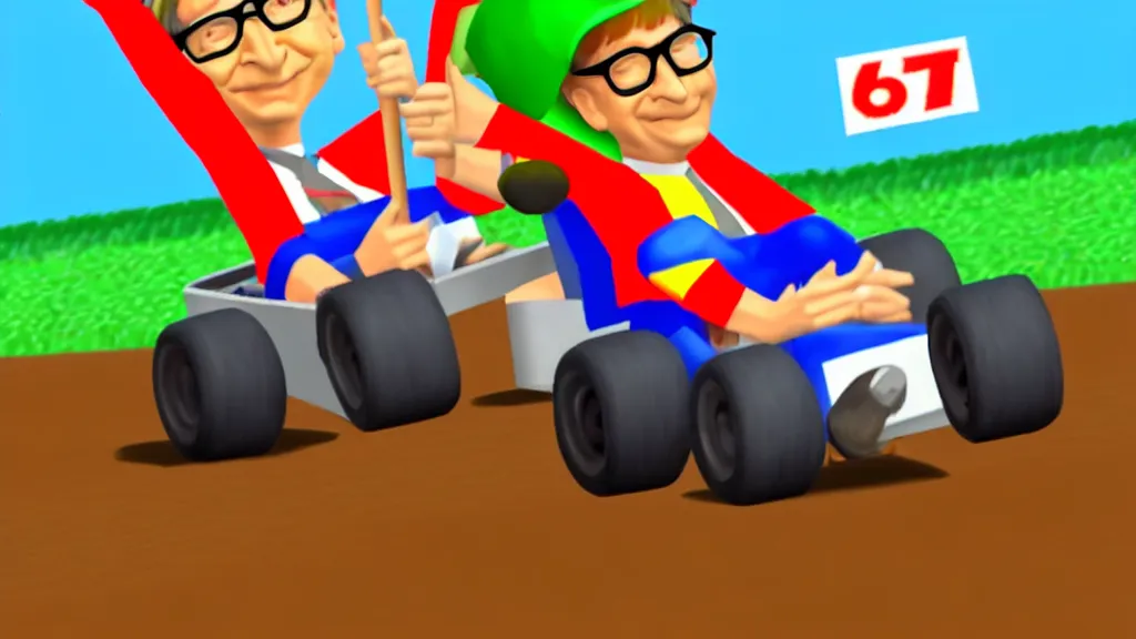 Image similar to Bill Gates as a character in kart double dash. Dirt track, rainy day. Nintendo64