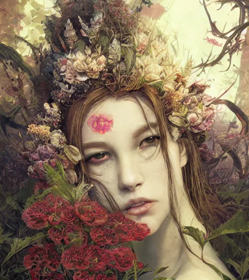 Prompt: portrait of the supreme queen of the blood cult, surrounded overgrowth and flowers 🍂 by Akihiko Yoshida, Yoshitaka Amano,Marc Simonetti, karol bak, WLOP, James Jean, tom bagshaw, rococo, trending on artstation, fantasy magic fashion girl portrait, glossy eyes, face, fantasy, elegant, highly detailed, digital painting, concept art, smooth, sharp focus, illustration, cinematic lighting, hyper realism, octane render, 8k, hyper detailed.