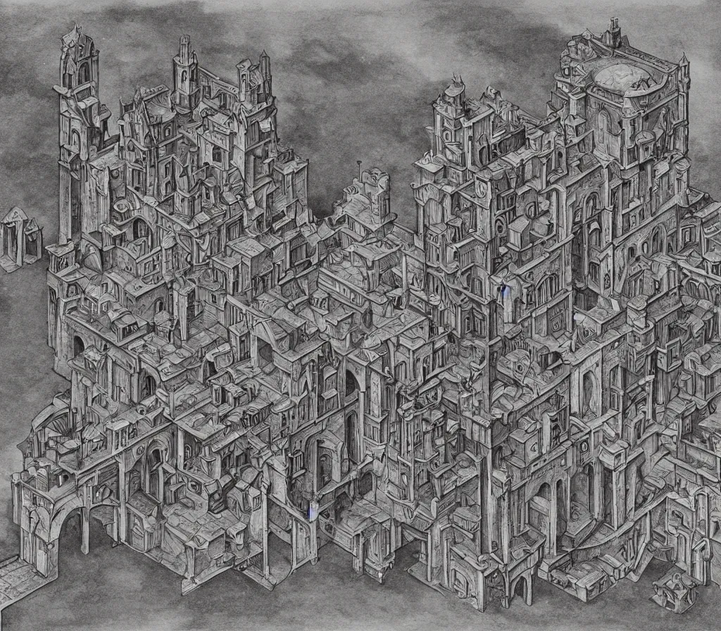 Image similar to Red Citadel, Fey ruins, in the style of M.C. Escher, inspired by Caravaggio,