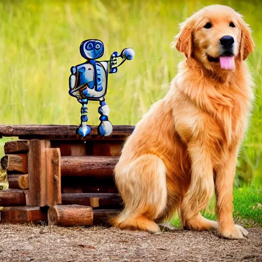 Image similar to golden retriever curiously looking at a robot girl, log cabin, photograph