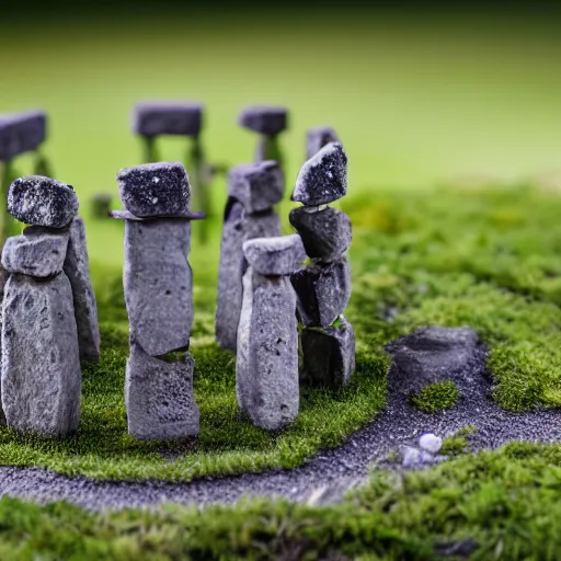 Prompt: macro photo of a miniature ho scale stonehenge model, taken with canon 8 0 d, canon 1 0 0 mm f / 2. 8