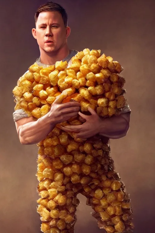 Image similar to channing tatum in a tater tot costume, oil on canvas, intricate, portrait, 8 k highly professionally detailed, hdr, cgsociety