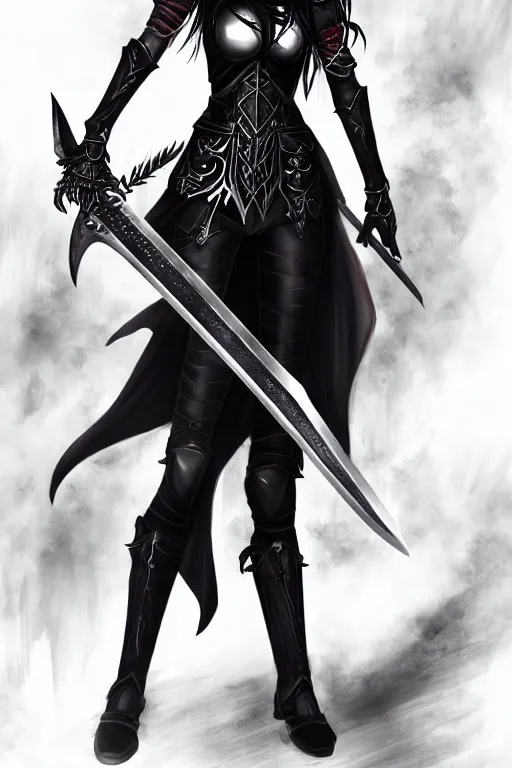 Prompt: full portrait, female vampire knight in black heavy armor, well - protected, metal mask, tall gladiator sandals, barefoot, giant two - handed sword covered in blood, enchanting, mysterious, elegant, levitating, good lighting, realistic proportions, reasonable fantasy, ghostblade, wlop