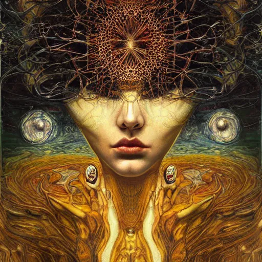 Image similar to Divine Chaos Engine by Karol Bak, Jean Deville, Gustav Klimt, and Vincent Van Gogh, horizontal symmetry, detailed fractals