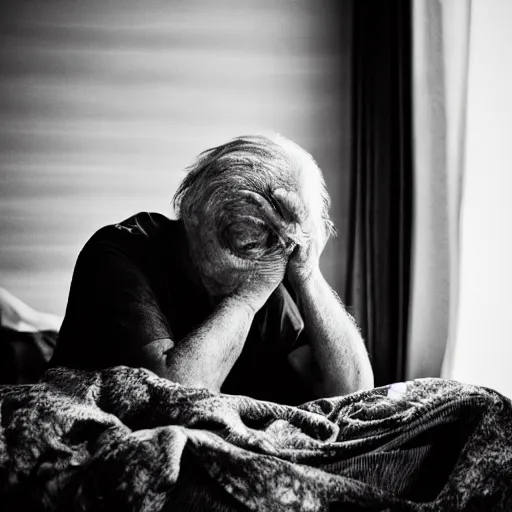 Image similar to black and white fashion photograph, highly detailed portrait of a depressed old man sitting on the edge of a messy bed, natural light, rain, mist, lomo, fashion photography, film grain, soft vignette, sigma 85mm f/1.4 1/10 sec shutter