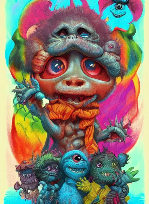 Image similar to cute baby monsters, colorful, digital art, fantasy, magic, trending on artstation, ultra detailed, professional illustration,chalk, poster artwork by Basil Gogos , clean