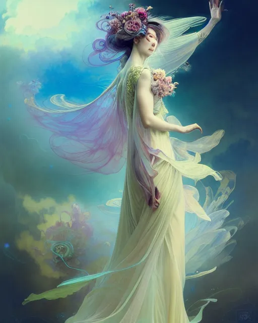 Image similar to Full View ultrarealistic Portrait ethereal fantasy deity wearing beautiful gown, rising in the air levitating, flowers, calm, 4k digital masterpiece by Anna Dittman and Alberto Seveso Ruan Jia, rossdraws, artgerm and greg rutkowski and alphonse mucha and loish and WLOP, fantasycore, Hyperdetailed, fractals, scribble art, realistic digital painting, atmospheric, fireflies, soft lighting, featured on Artstation