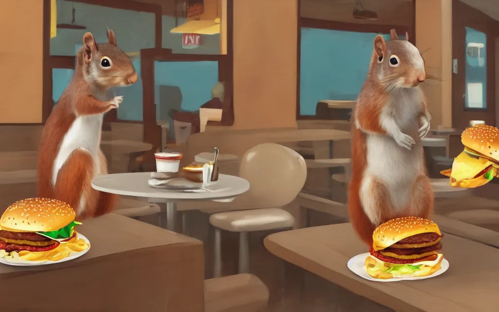 Image similar to a lonely squirrel eating a burger in a diner, digital art, trending on ArtStation