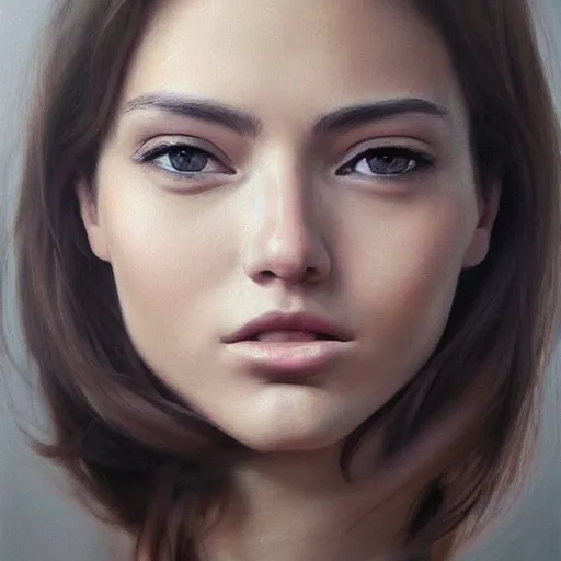 Image similar to realistic portrait beautiful painting leaning to the right, a woman about 2 0 - 2 5 years old, with average body proportions. photorealistic, good lighting, trendy, trending on artstation, smooth draw, sharp focus, trending on deviantart.