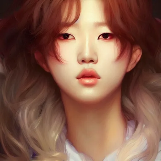 Prompt: portrait of kpop idol, dreamy and ethereal, casual clothes, fierce expression, intricate, highly detailed, digital painting, artstation, concept art, smooth, sharp focus, illustration, art by artgerm and greg rutkowski and alphonse mucha