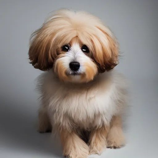 Prompt: cream - colored havanese dog as beyonce, fashion photography, studio lighting