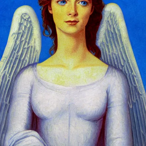 Prompt: photo self-portrait of a female angel. she looks straight ahead. her deep blue eyes reveal the first light of the universe