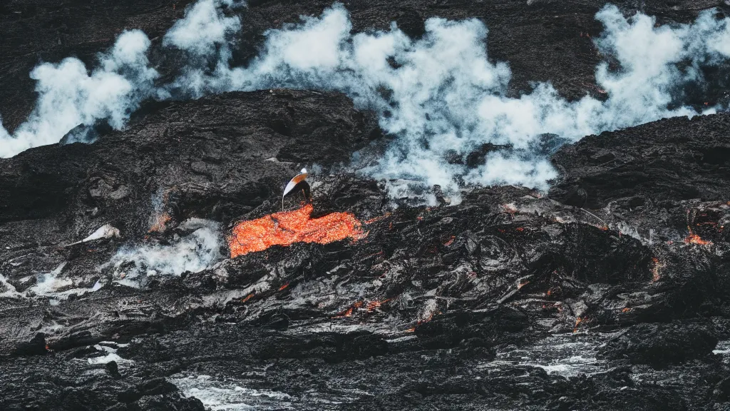 Image similar to person in armor surfing down a river of lava on the side of a volcano on surfboard, action shot, dystopian, thick black smoke and fire, motion blur, sharp focus, cinematic, tilt shift lens