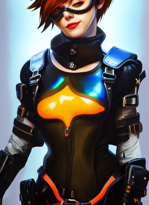 Image similar to oil painting digital artwork of tracer overwatch, confident pose, wearing black iridescent rainbow latex, 4 k, expressive happy smug expression, makeup, in style of mark arian, wearing leather collar, wearing sleek full body armor, black leather harness, expressive detailed face and eyes,