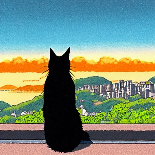 Image similar to a black cat lady looking out over a city, Miyazaki, studio ghibli