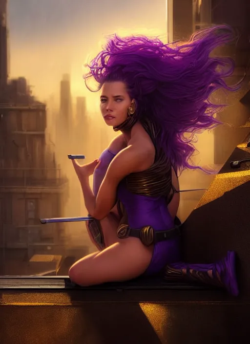 Image similar to young woman sits on the edge of the roof : : purple - gold streets cyberpunk : : weta disney pixar movie still photo : : decadent highly - detailed digital painting, heroic pose, full length shot, golden ratio, octane render, artstation, smooth, sharp focus, artgerm, mucha, loish, wlop, gogo