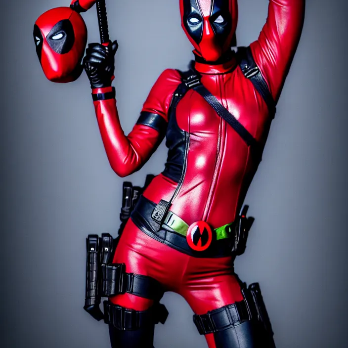 Image similar to fully body pose, photo of a very beautiful!! victoria secret model with deadpool mask on, wet, raining, 8 k, hdr, smooth, sharp focus, high resolution, award - winning photo, trending on artstation, dslr, 5 0 mm