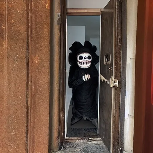 Prompt: photo of nightmare fuel peering round a doorway