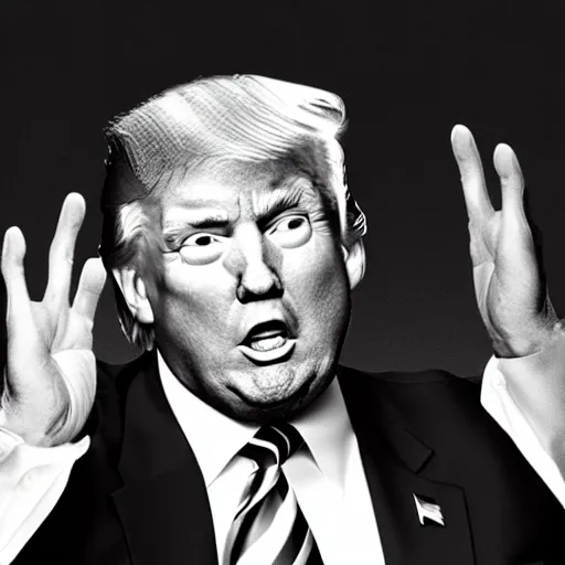 Prompt: a realistic portrait of Donald Trump with tiny hands, black and white photograph, hands are waving