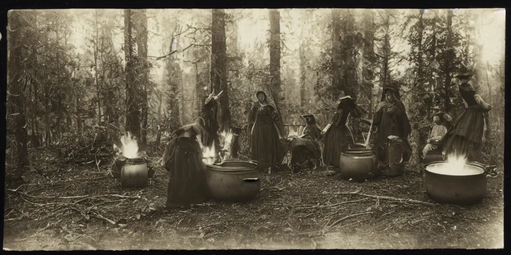 Image similar to witches around a campfire with a huge cooking pot in an ominous forest, 1 9 0 0 s photography