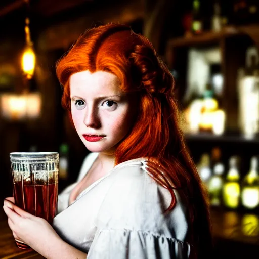 Image similar to beautiful bar maid with auburn hair, in a medieval tavern at night, dramatic, cinematic, filmic, 7 5 mm, f / 1. 8
