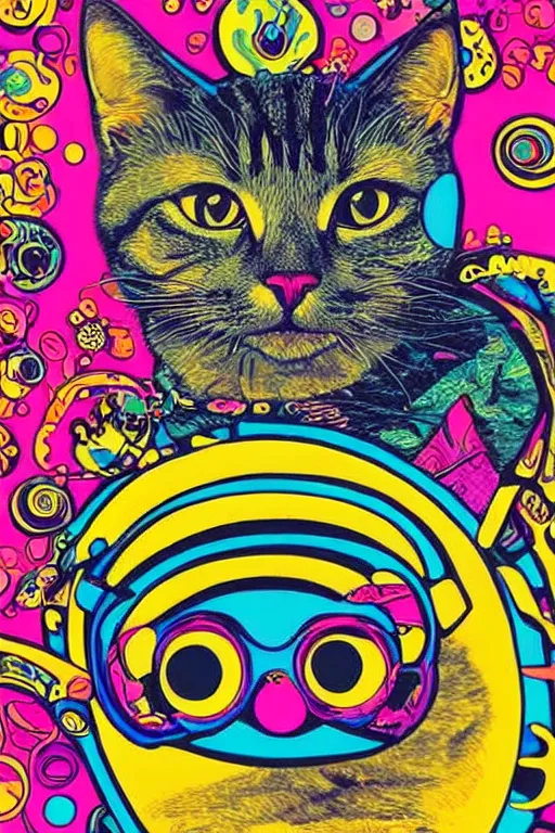 Image similar to cat in a VR helmet, 1969 psychedelic art poster, san francisco, hippie style, screen print poster