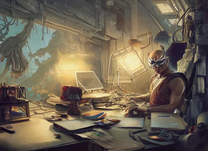 Image similar to an insanely detailed painting of an asian man wearing a homemade superhero costume, sitting at a desk, staring seriously at the computer and typing, in the style of peter mohrbacher, james jean, artgerm, dramatic lighting and composition, surreal background, octane render, pixar, trending on artstation, concept art, comic book, view from behind, 8 k