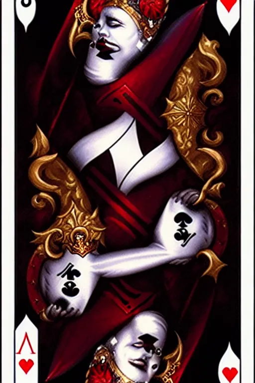 Image similar to the queen of hearts, dark fantasy playing card design by gaston bussiere, bayard wu, greg rutkowski, giger, maxim verehin