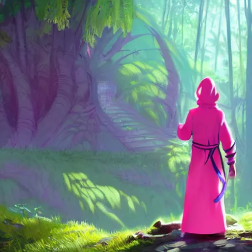 Image similar to concept art painting of an anthropomorphic lizard wearing magenta wizard robes, in the deep forest, realistic, detailed, cel shaded, in the style of makoto shinkai and greg rutkowski and james gurney