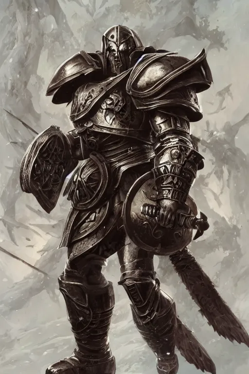 Prompt: full body portrait of a warrior knight, muscular, upper body, hero stance, Warhammer 40k, fantasy, intricate, elegant, highly detailed, digital painting, artstation, concept art, matte, sharp focus, illustration, art by Artgerm and Greg Rutkowski and Craig Mullins and Ross Tran