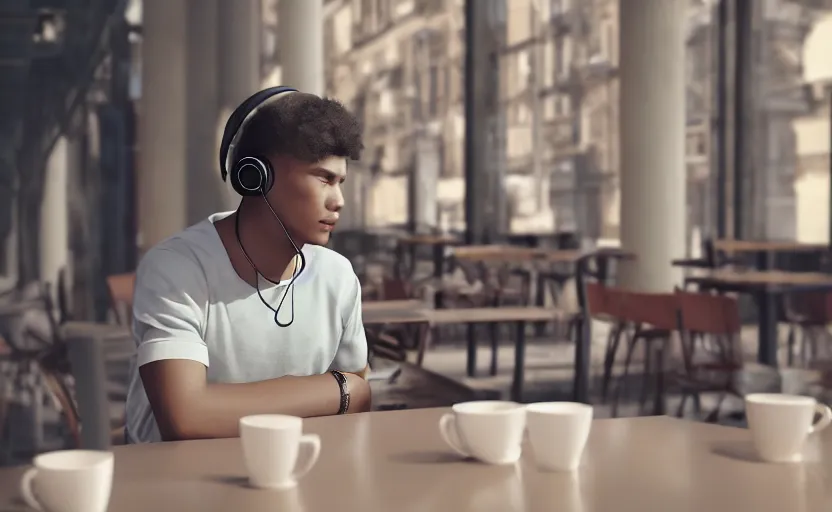 Image similar to a male teenager with headphones in a cafe sitting in front of a table with a coffee, digital painting, masterpiece, digital art, concept art, octane render, unreal engine 5, trending on deviantart, highly detailed, high quality, 4 k, cartoon, high coherence, realistic, anatomically correct, five fingers, relaxing, realistic and detailed face, beautiful, elegant