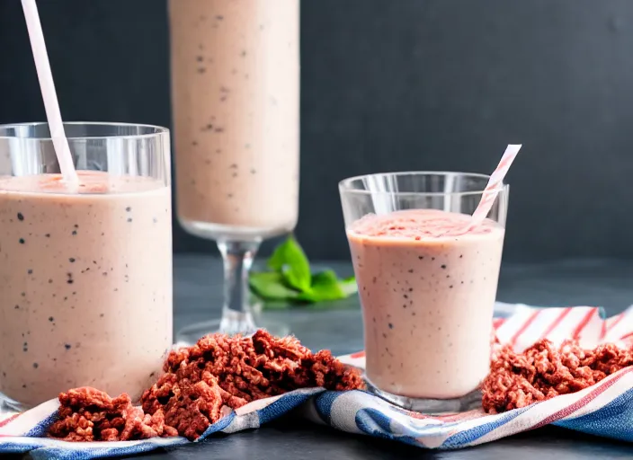 Prompt: dslr food photograph of a ground beef milkshake in a glass with a striped straw, 8 5 mm f 1. 8