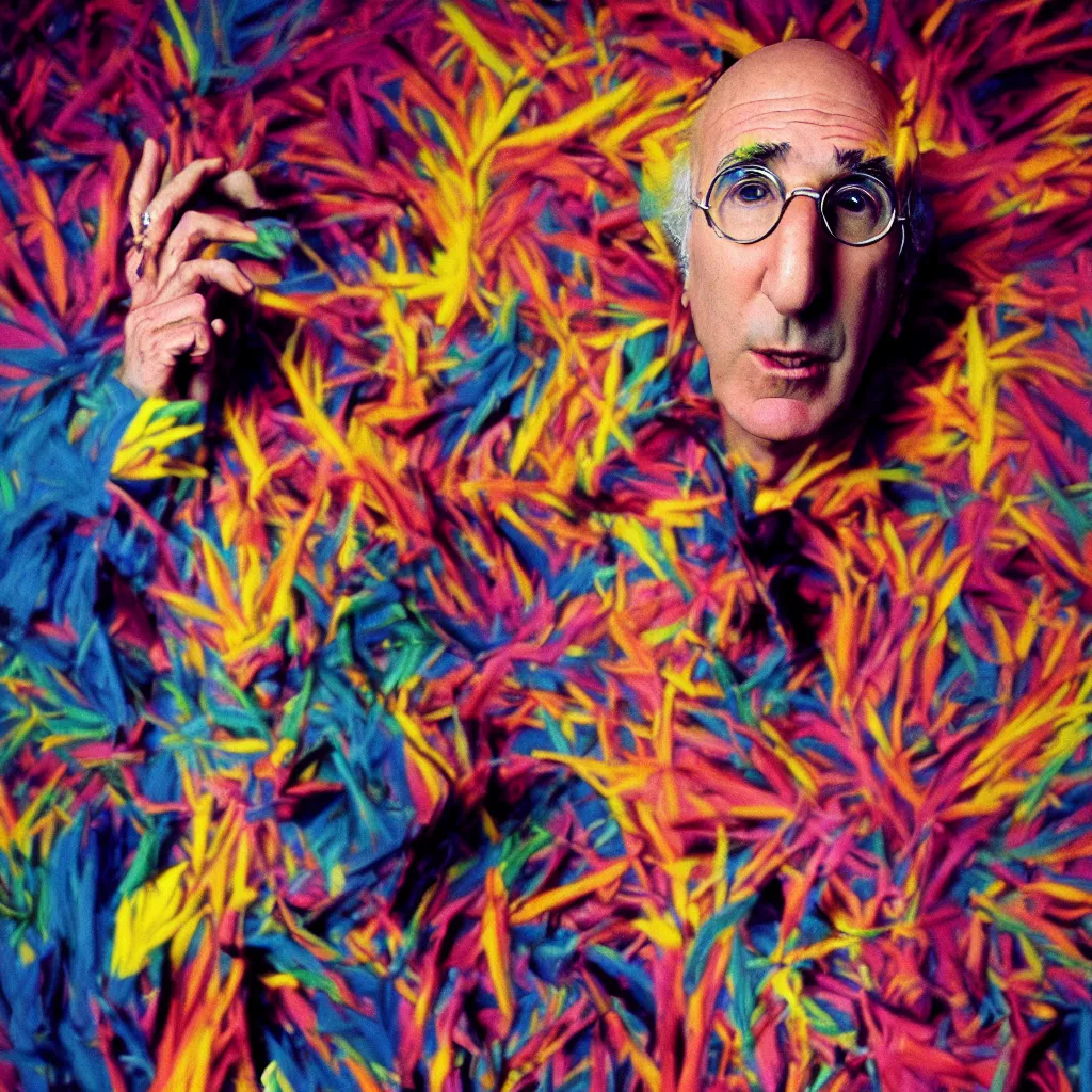Image similar to award winning photo of larry david tripping on lsd and smoking weed, vivid colors, happy, symmetrical face, beautiful eyes, studio lighting, wide shot art by Sally Mann & Arnold Newman