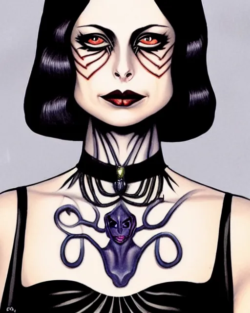 Prompt: style of gerald brom : : gorgeous willa holland : : evil witch, swirling black magic, black dress : : symmetrical face, symmetrical eyes : : full body pose : : gorgeous black hair : : magic lighting, low spacial lighting : :