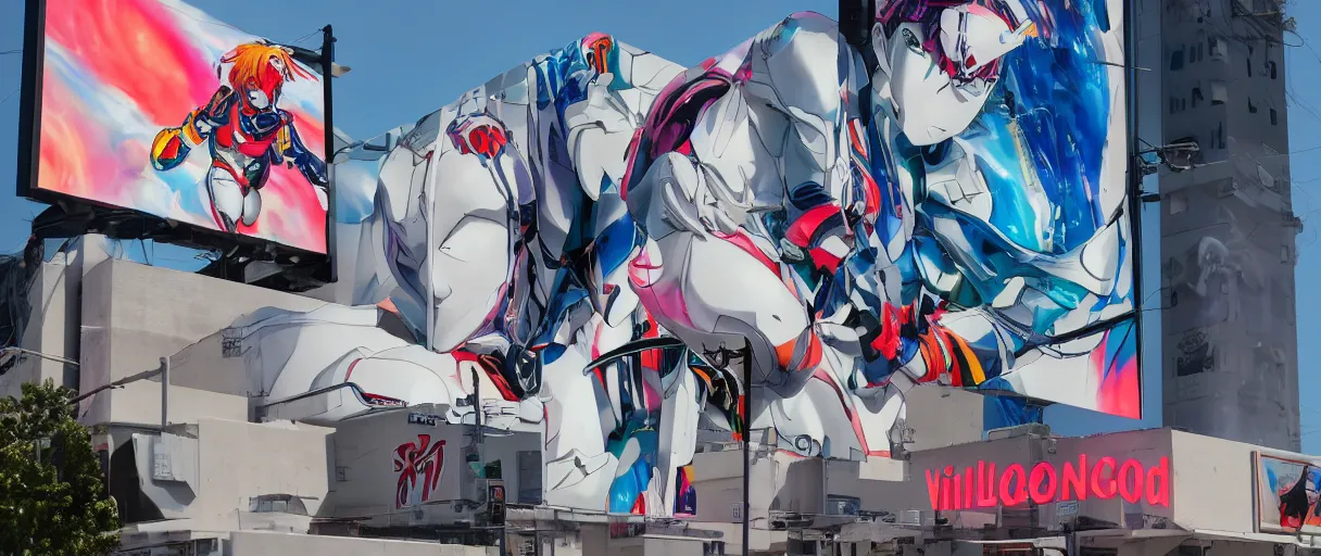 Image similar to billboard advertisement with an extremely beautiful photo of a white marble statue of an anime girl with colorful motocross logos and motorcycle helmet with closed visor, colorful smoke in the background, carved marble statue, fine art, neon genesis evangelion, virgil abloh, offwhite, denoise, highly detailed, 8 k, hyperreal