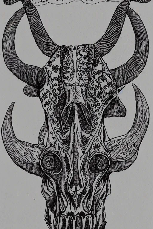 Prompt: Portrait of a Texas Longhorn Skull, with skull bone ornately carved with delicate patterns, tritone, mixed media, fine linework, pen and ink, symmetry